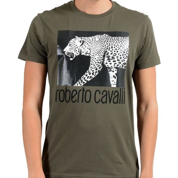 ROBERTO CAVALLI Womens Cotton Cheetah Print Logo T-Shirt Teal
